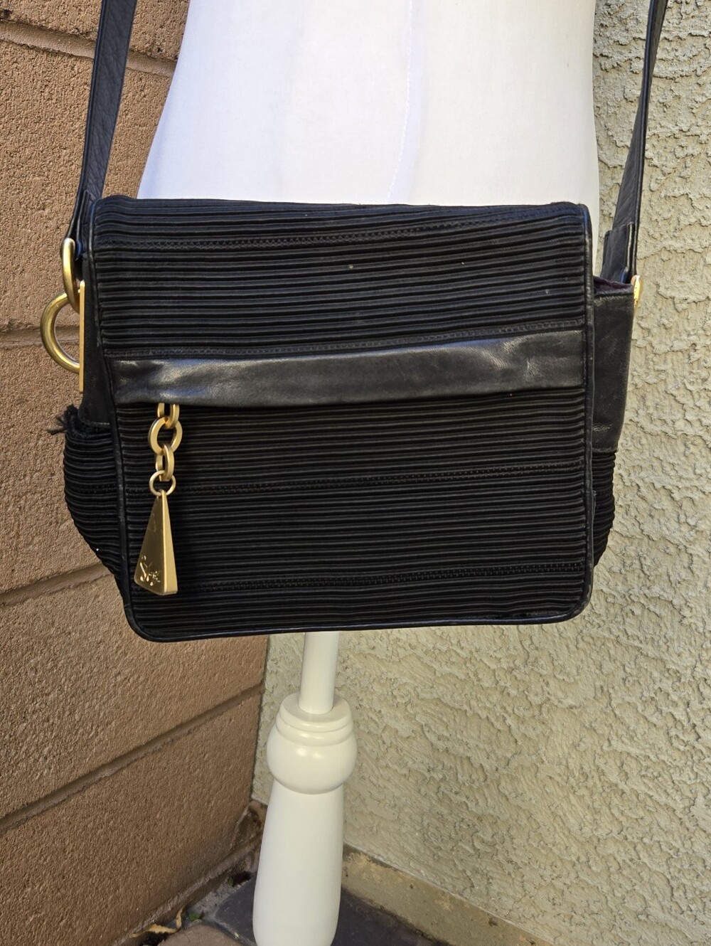 Americana By Sharif Black Structured Crossbody Bag with Gold Accent